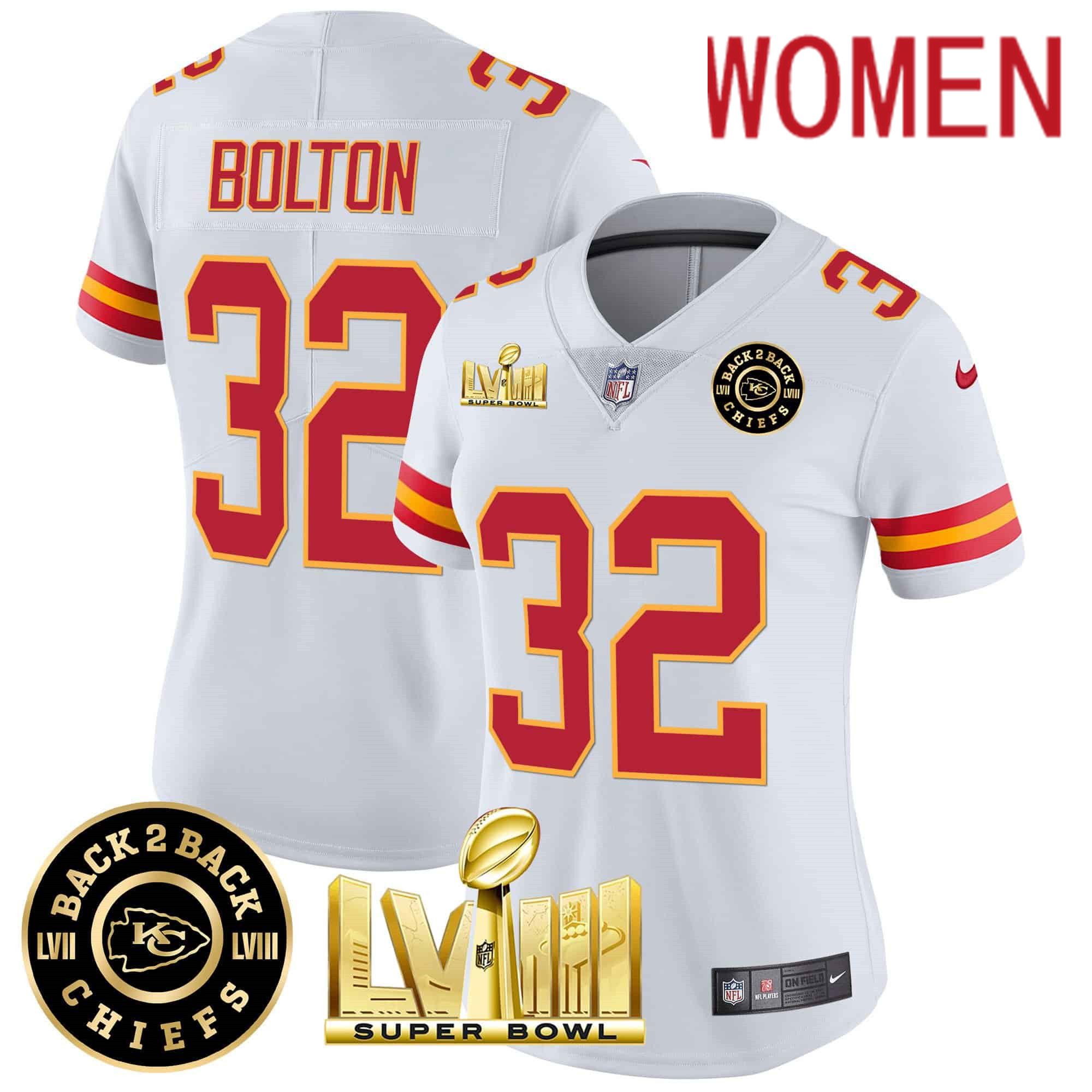 Women Kansas City Chiefs #32 Bolton White 2024 Nike Super Bowl LVIII & Back-2-Back Patch Vapor NFL Jersey